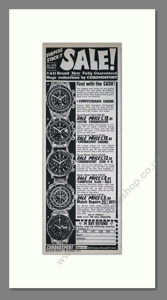 Chronosport Watches. Original Advert 1974 (ref AD400238)