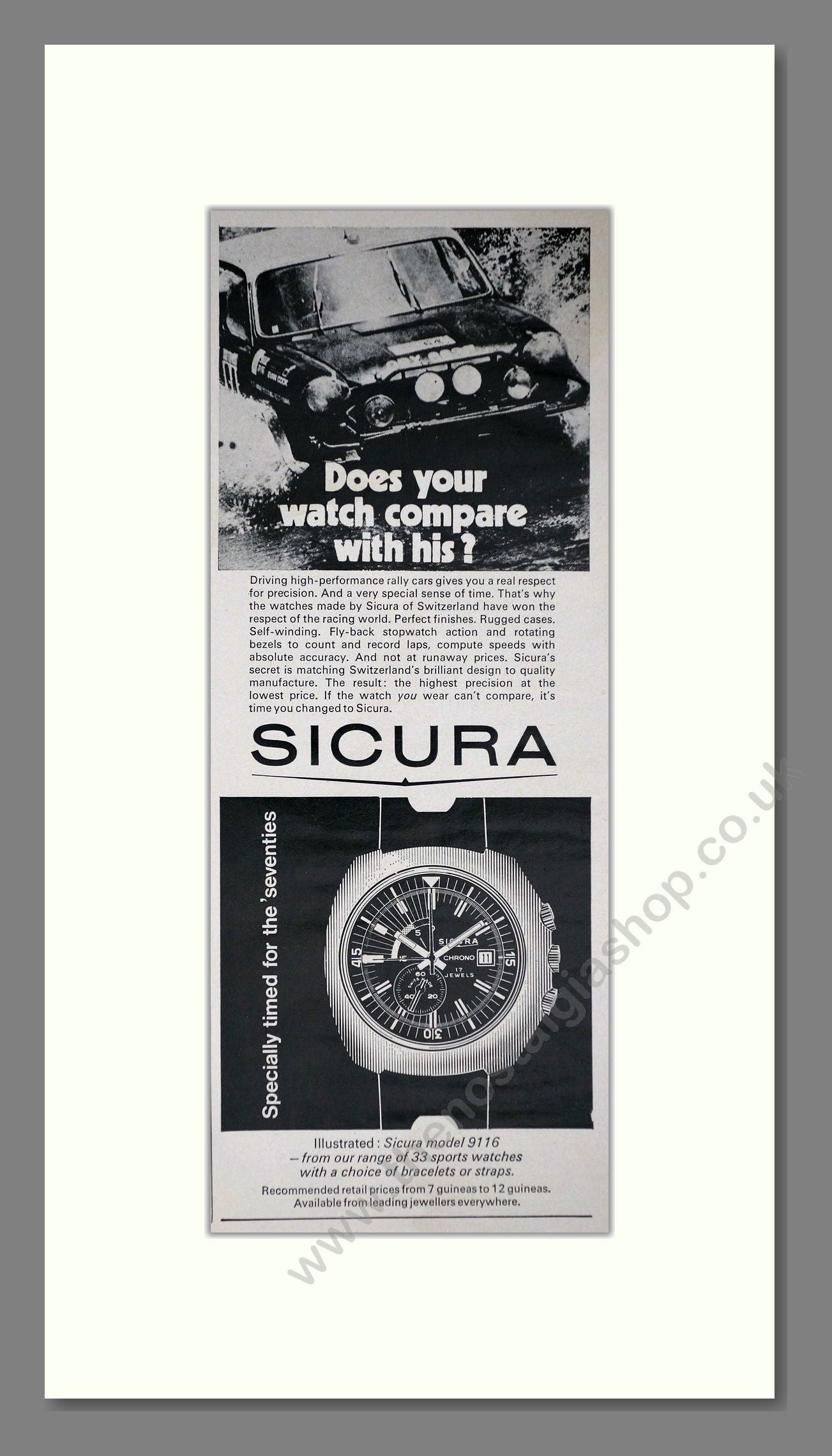 Sicura 9116 Watch. Original Advert 1970 (ref AD400252)