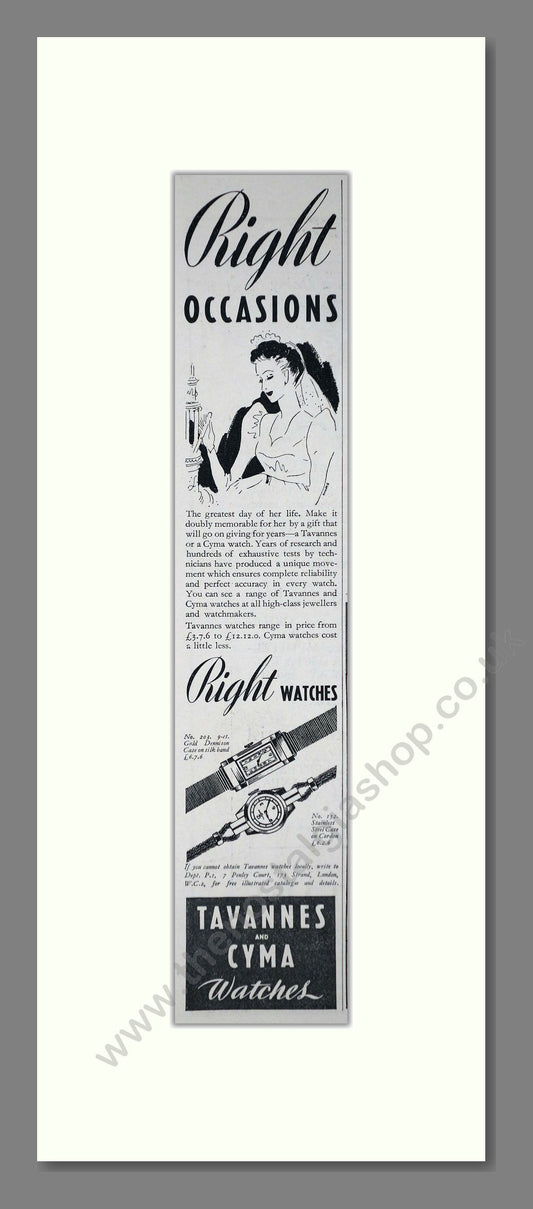 Tavannes and CYMA Ladies Watches. Original Advert 1939 (ref AD400255)