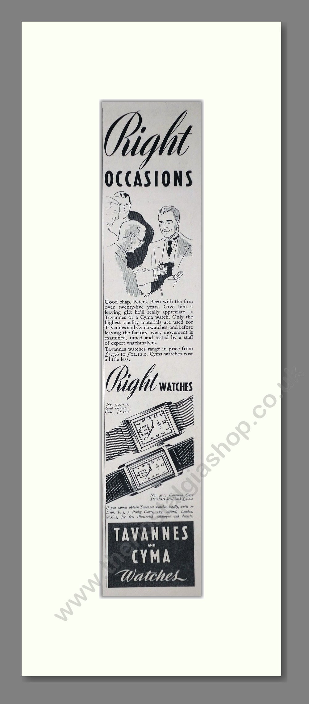 Tavannes and CYMA Gents Watches. Original Advert 1939 (ref AD400256)