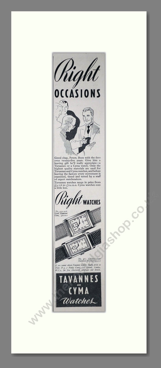 Tavannes and CYMA Gents Watches. Original Advert 1939 (ref AD400256)