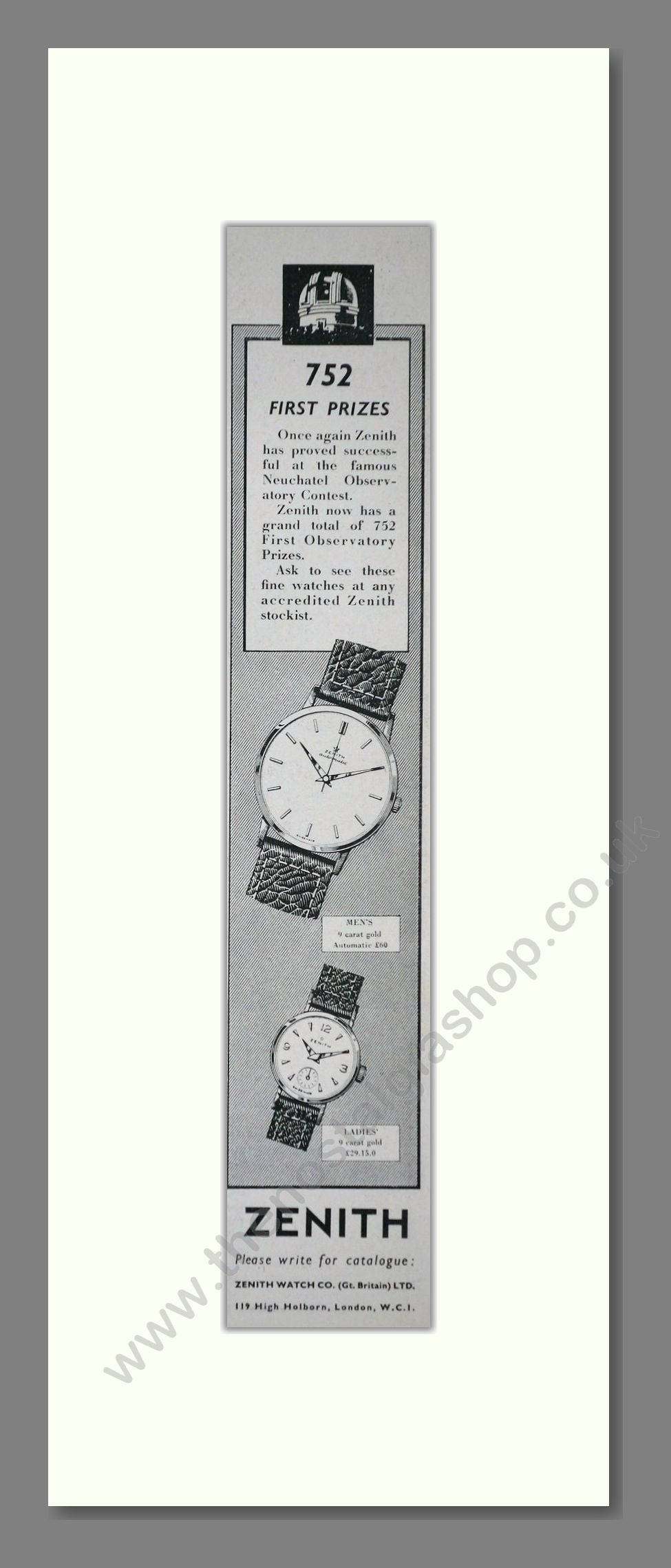 Zenith Watches. Original Advert 1959 (ref AD400259)