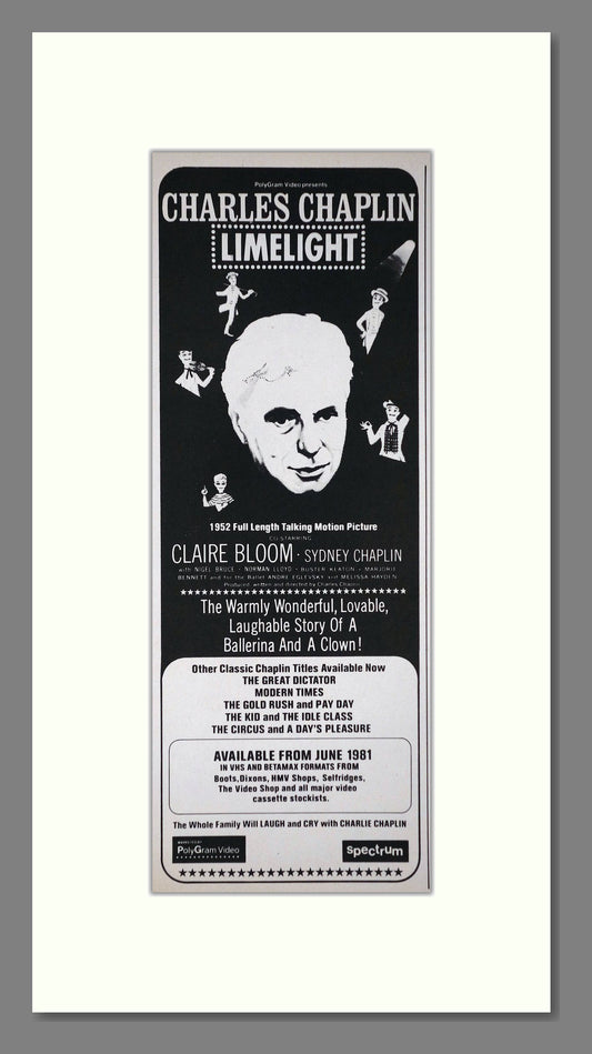 Limelight, Charles Chaplin. Original Advert 1981 (ref AD400211)
