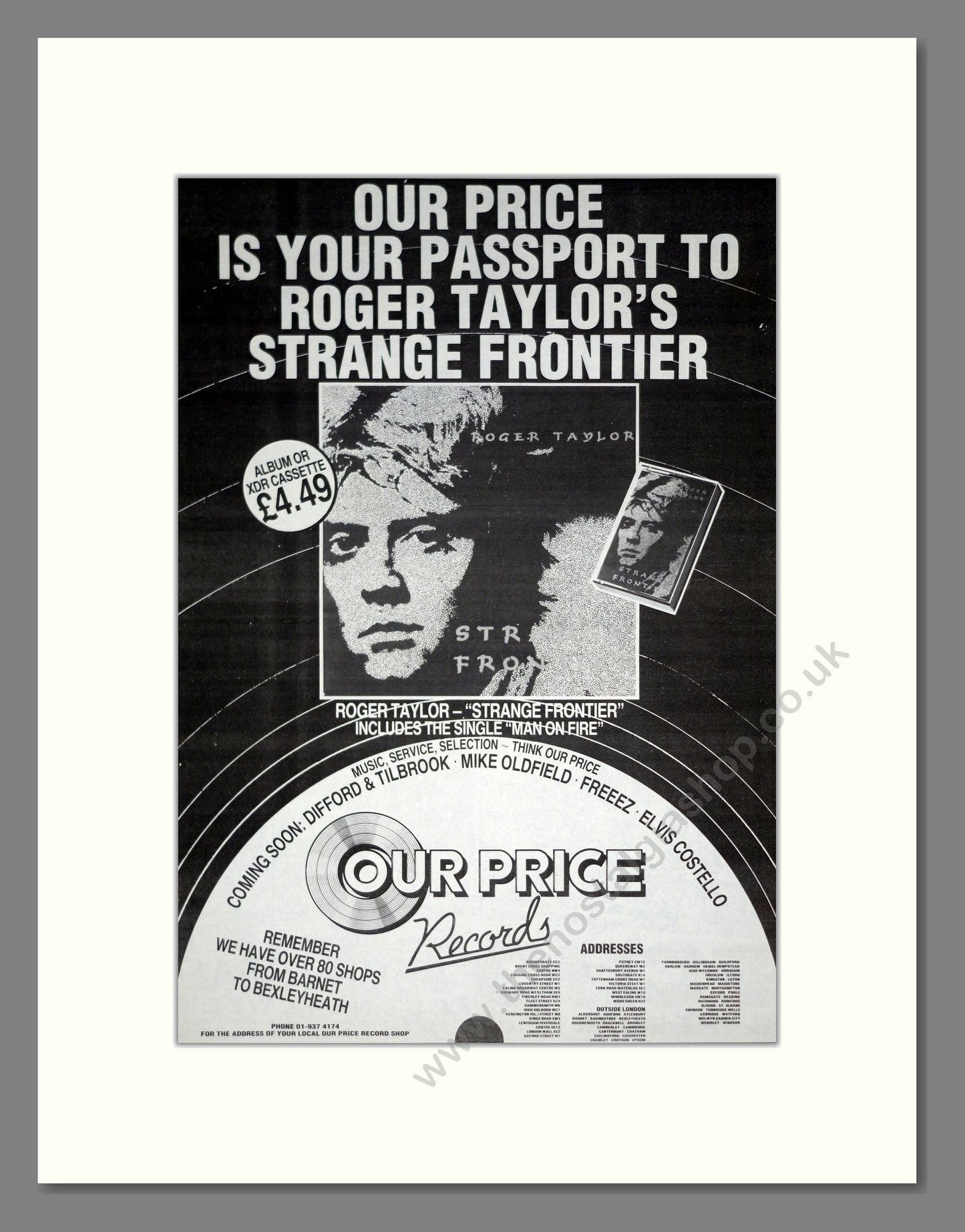 Roger Taylor (Queen) - Strange Frontier. Vintage Advert 1984 (ref AD20823)