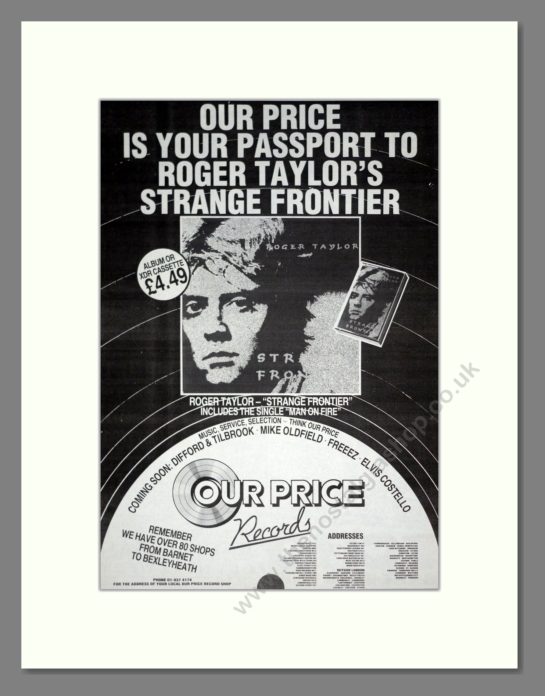Roger Taylor (Queen) - Strange Frontier. Vintage Advert 1984 (ref AD20823)