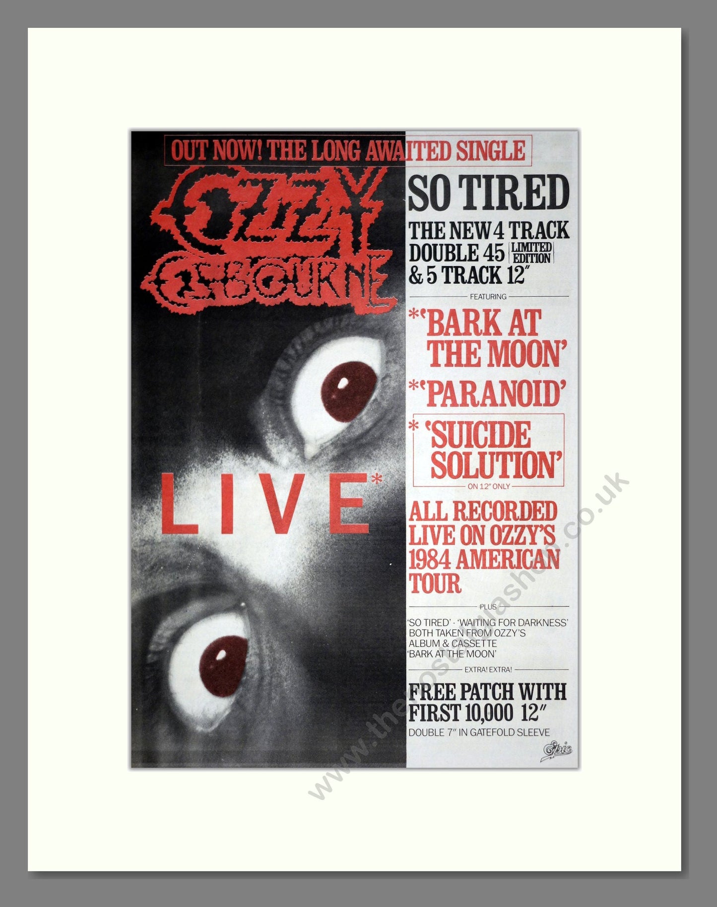 Ozzy Osbourne - So Tired. Vintage Advert 1984 (ref AD20828)