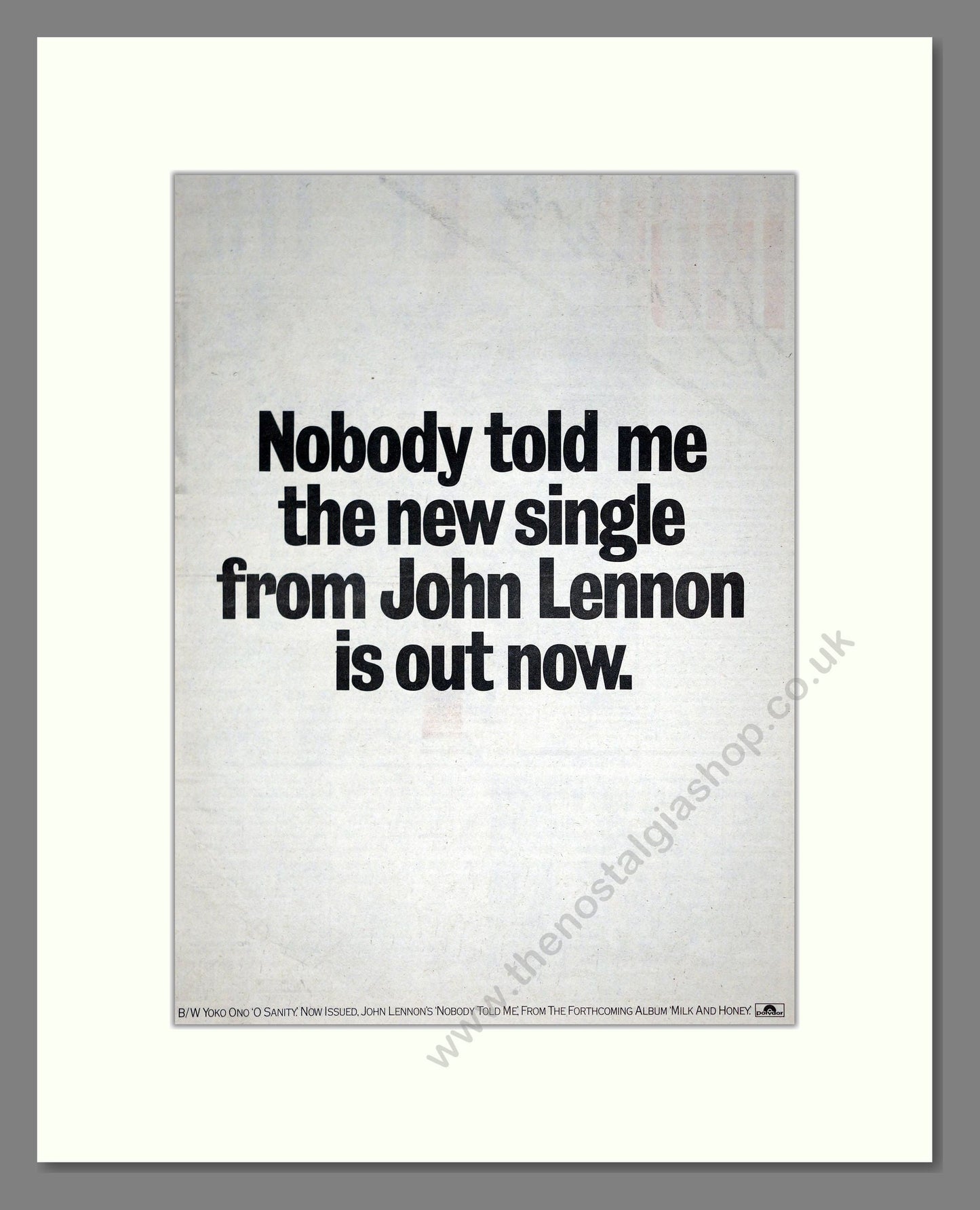 John Lennon - Nobody Told Me. Vintage Advert 1984 (ref AD20836)