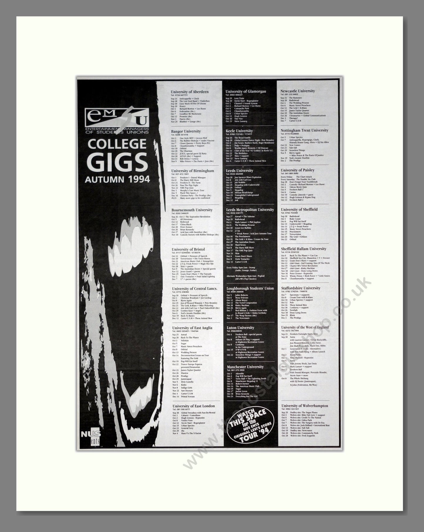 Various Artists - UK College Gigs and Tours. Vintage Advert 1994 (ref AD20850)