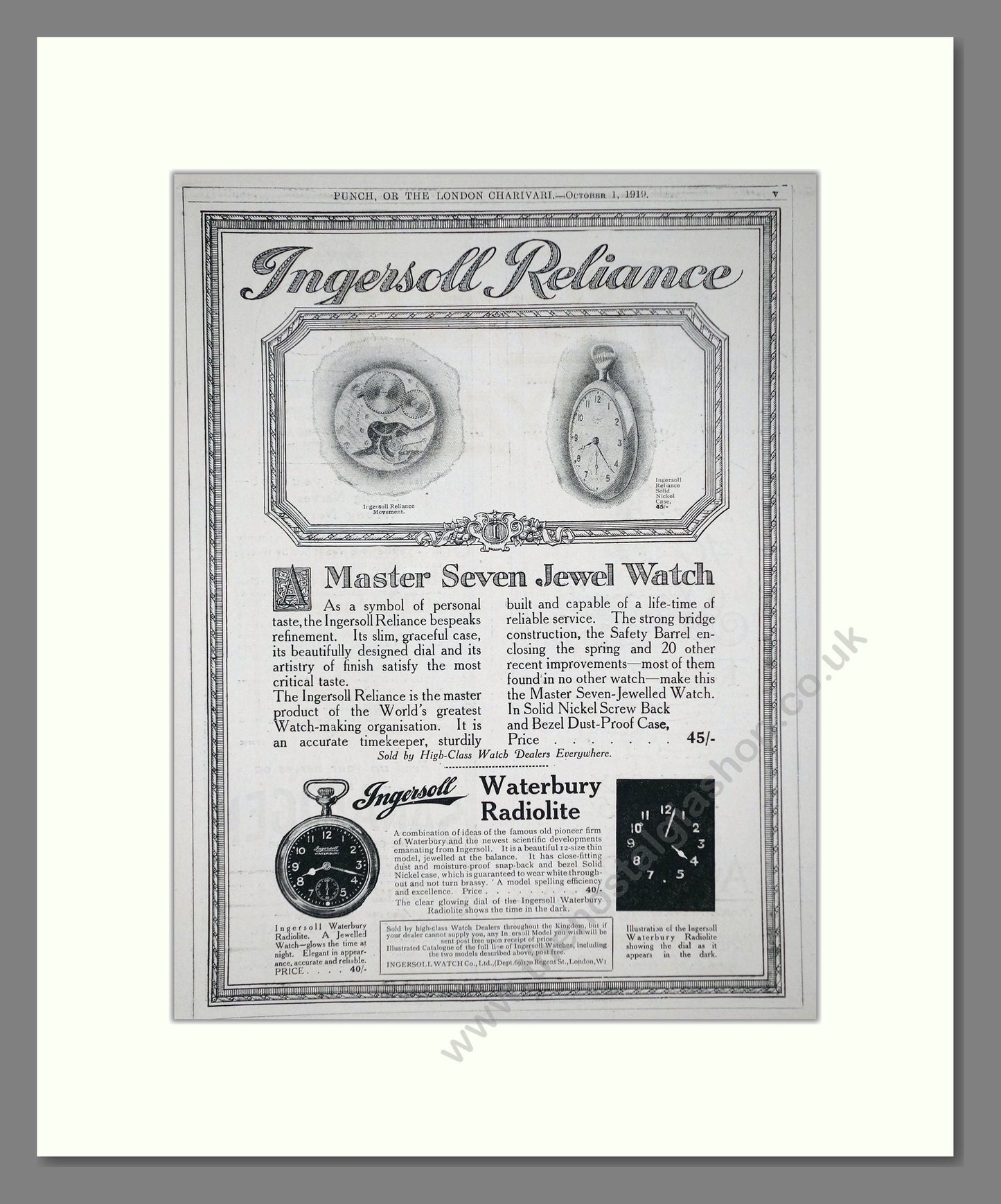 Ingersoll - Reliance. Vintage Advert 1919 (ref AD64239)