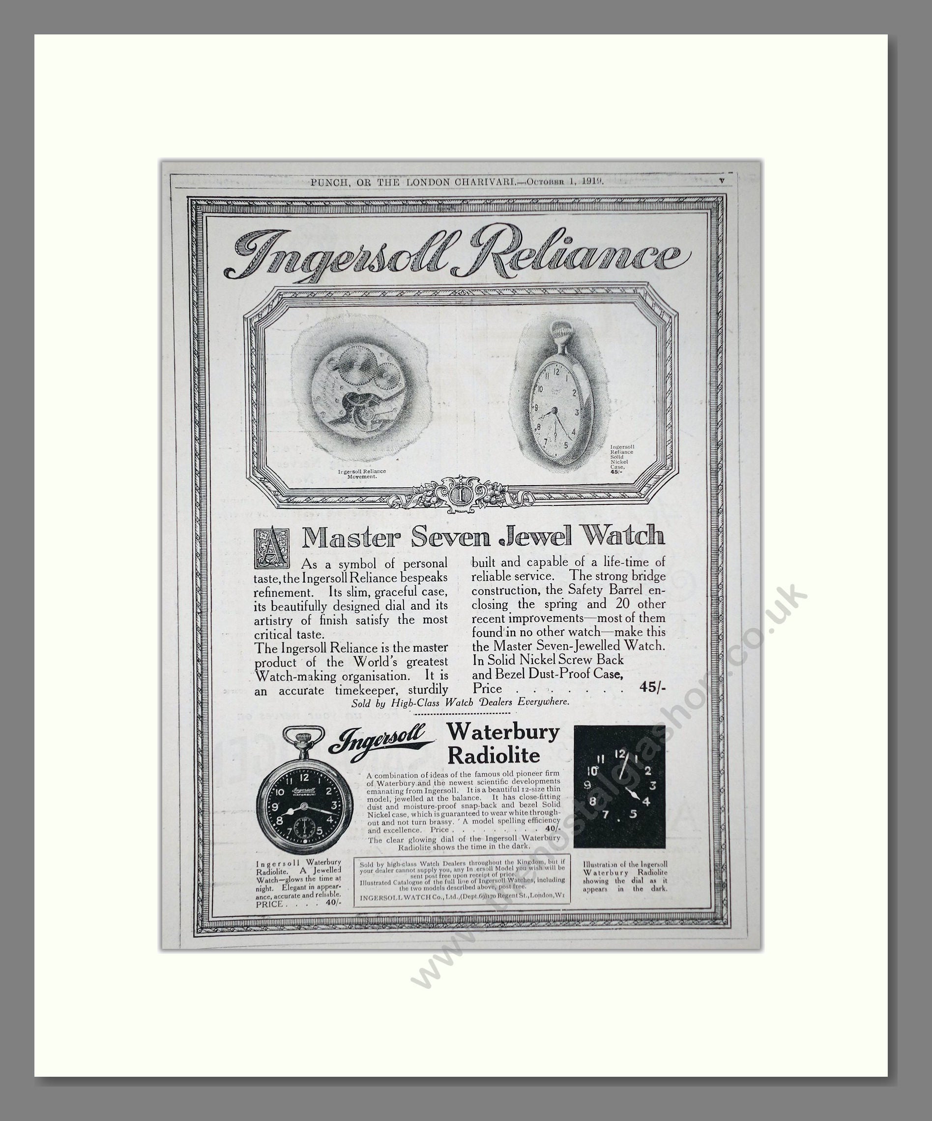 Ingersoll - Reliance. Vintage Advert 1919 (ref AD64239)