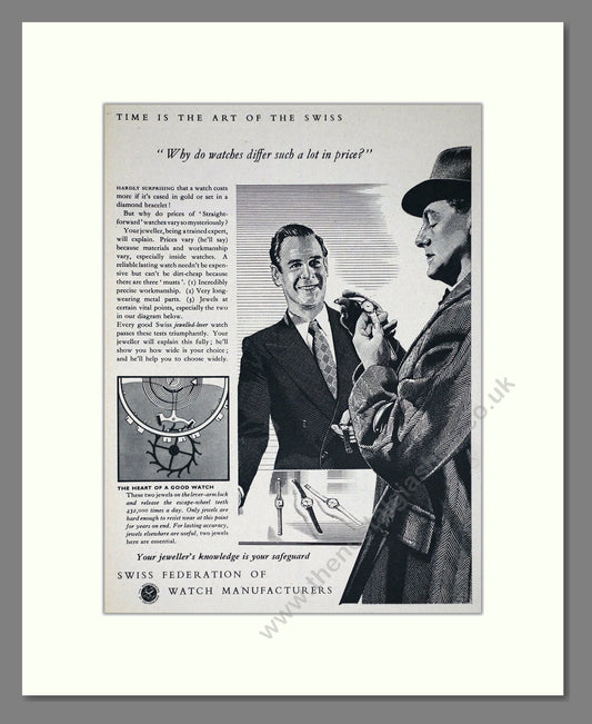 Swiss Federation Of Watch Manufacturers - The Heart Of A Good Watch. Vintage Advert 1955 (ref AD64252)