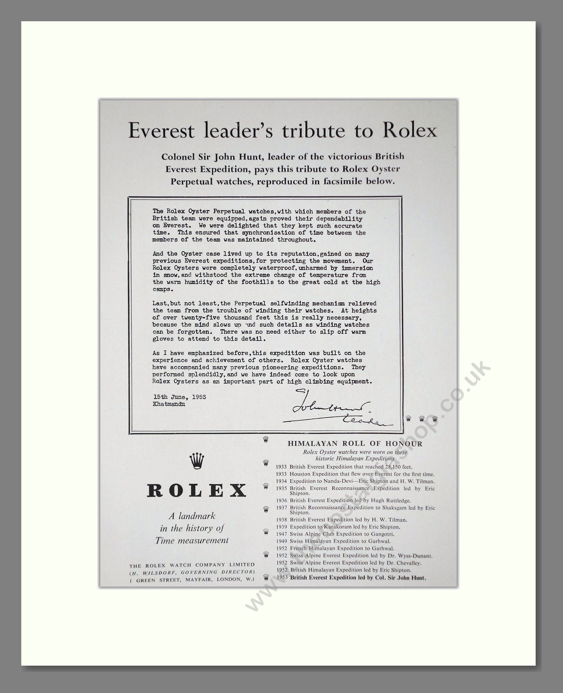 Rolex - John Hunt Tribute (Everest). Vintage Advert 1954 (ref AD64260)