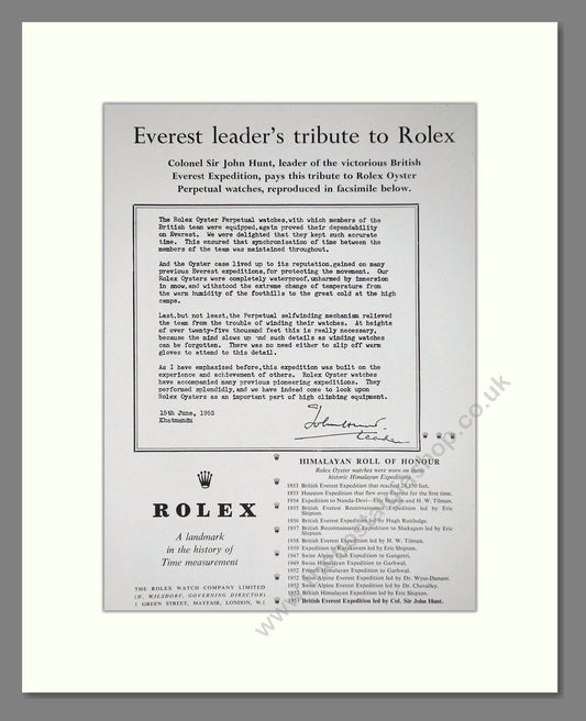 Rolex - John Hunt Tribute (Everest). Vintage Advert 1954 (ref AD64260)
