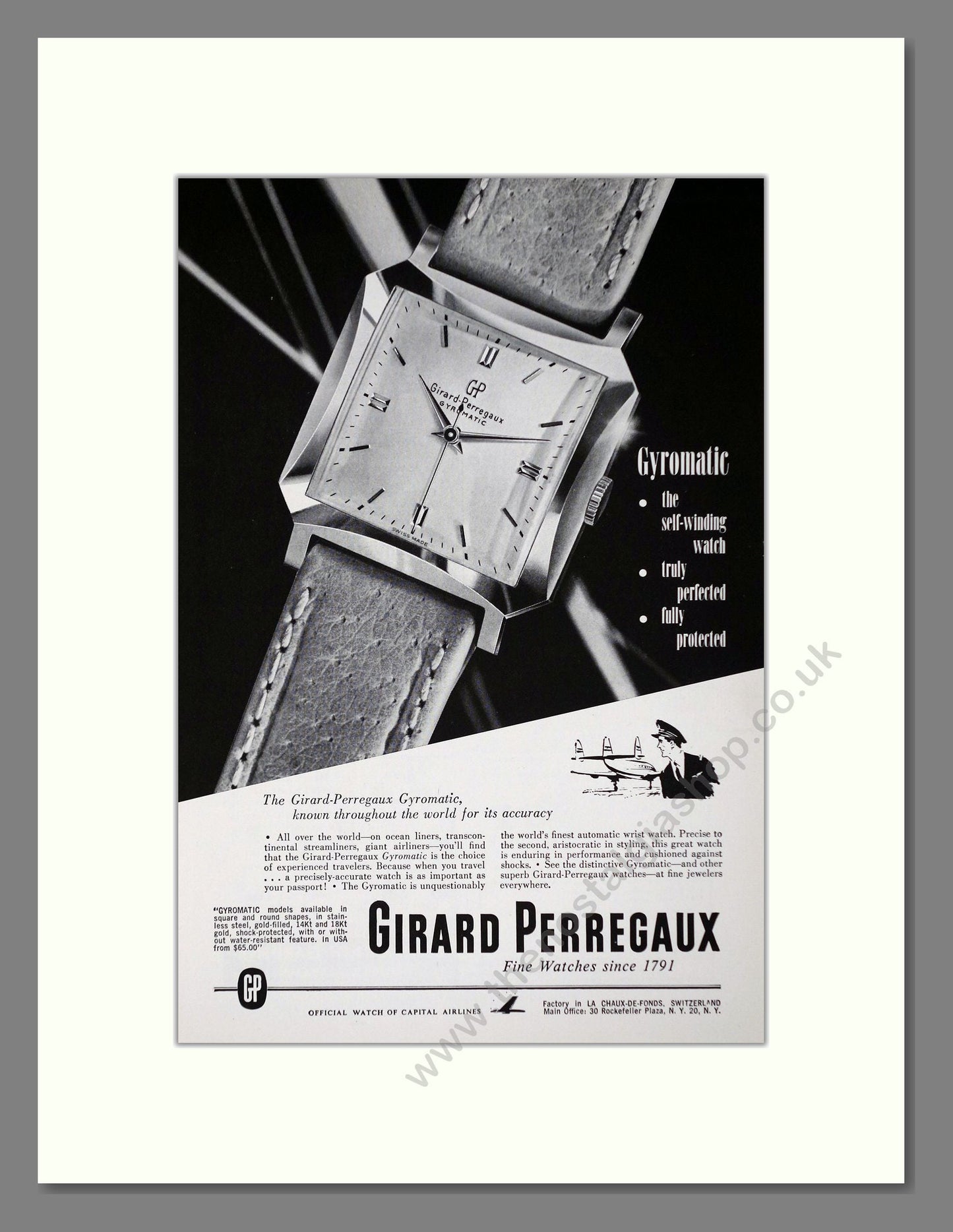 Girard Perragaux - Gyromatic. Vintage Advert 1952 (ref AD64273)