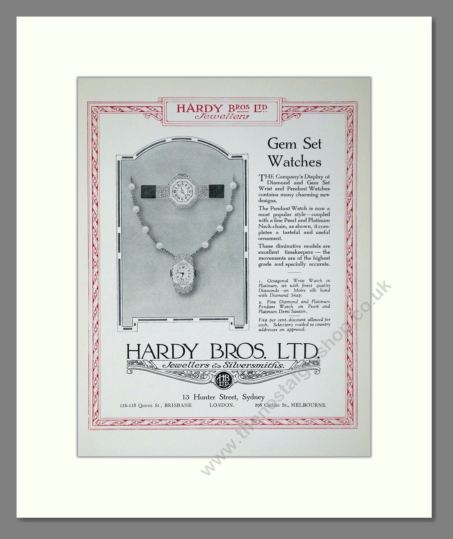 Hardy Bros - Gem Set Watches. Vintage Advert 1923 (ref AD64292)