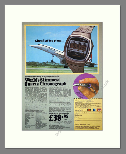 RJW - Worlds Slimmest Quartz Chronograph / Concorde. Vintage Advert 1978 (ref AD64386)
