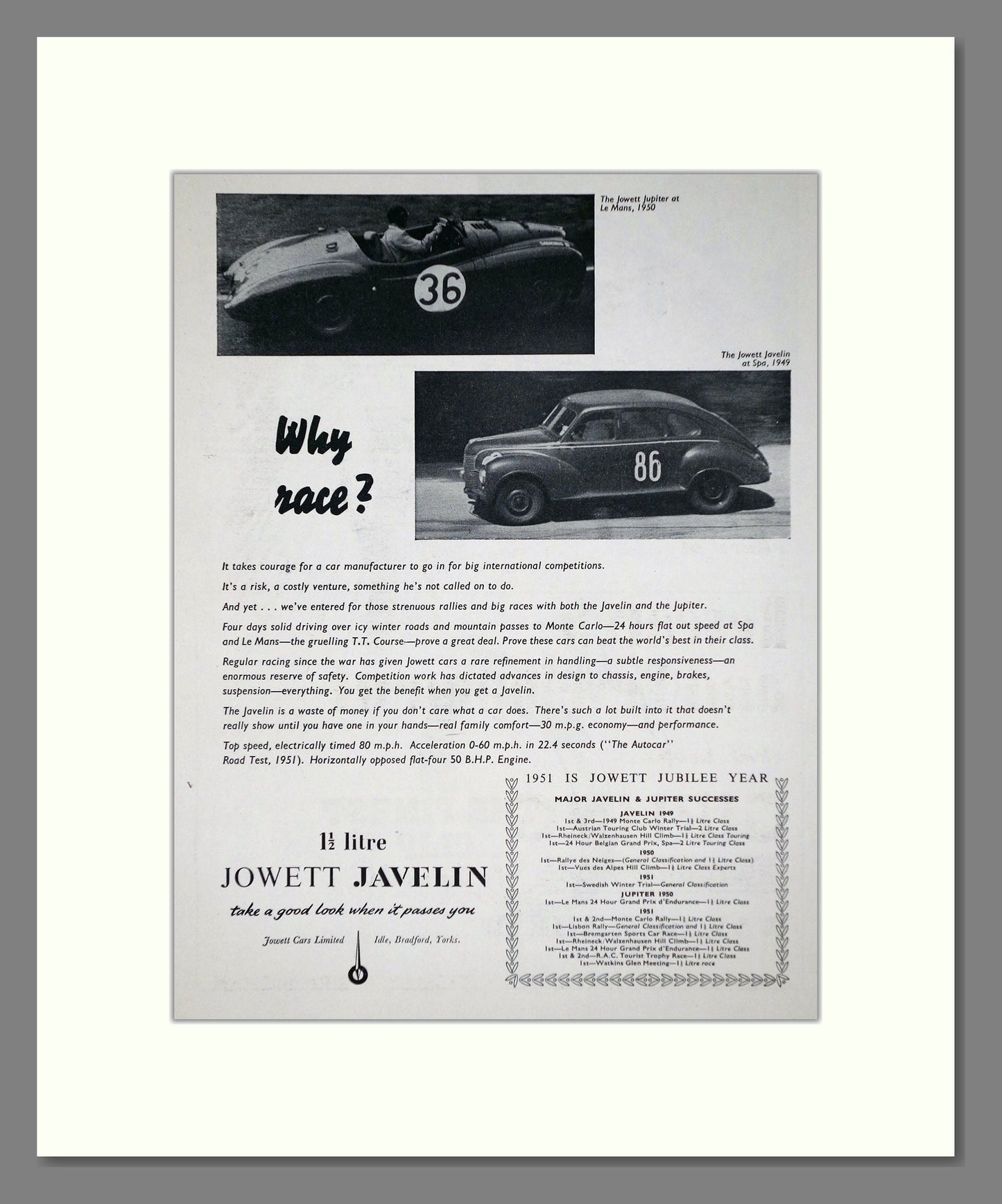 Jowett - Javelin. Vintage Advert 1951 (ref AD64478)
