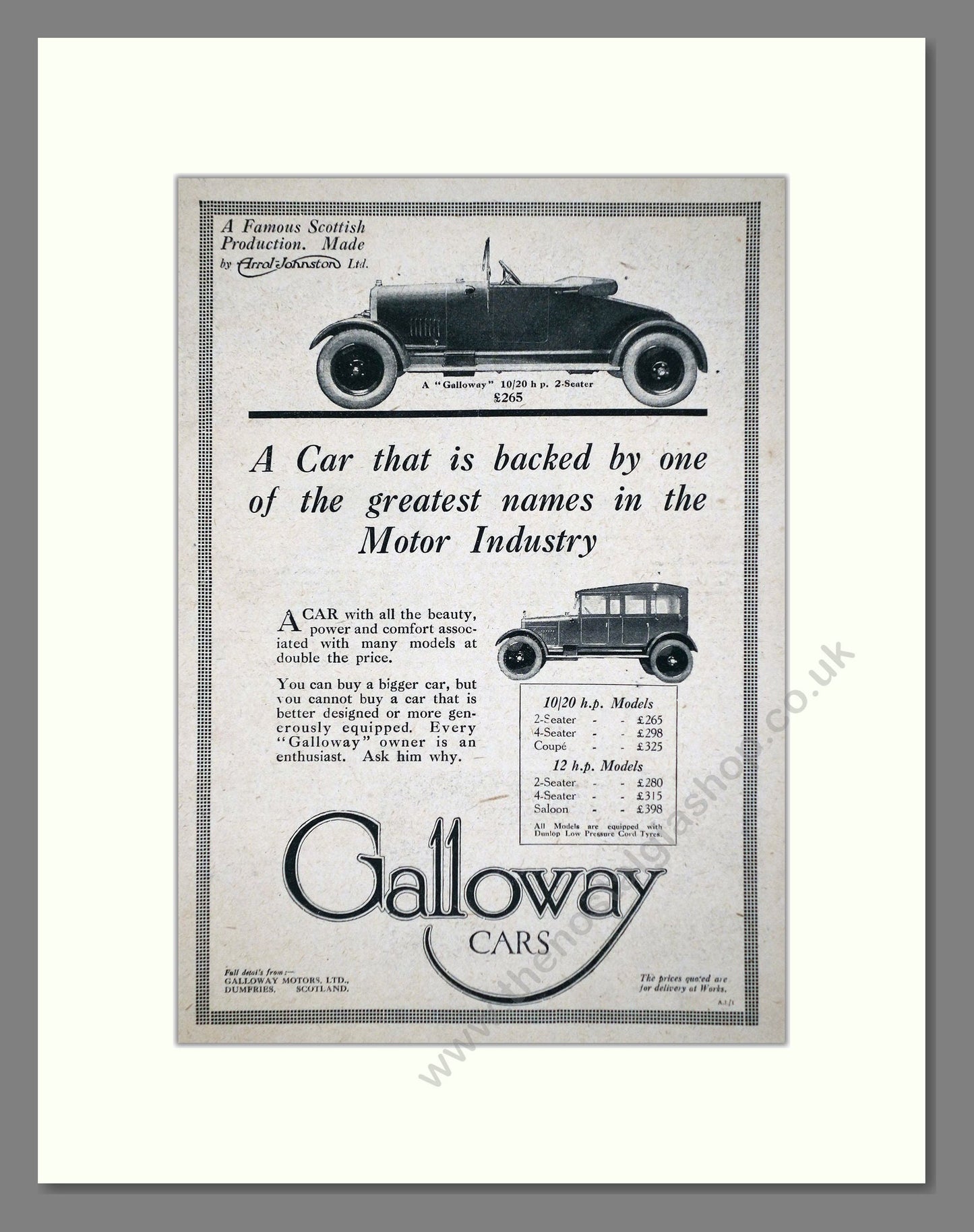 Galloway - 10/20 HP / 12 HP. Vintage Advert 1925 (ref AD64493)