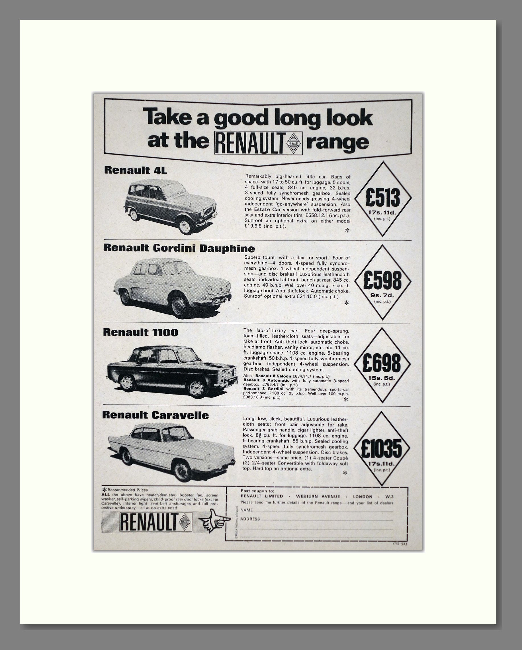Renault - 4l / Gordini Dauphine / 1100 / Caravelle. Vintage Advert 1965 (ref AD64638)