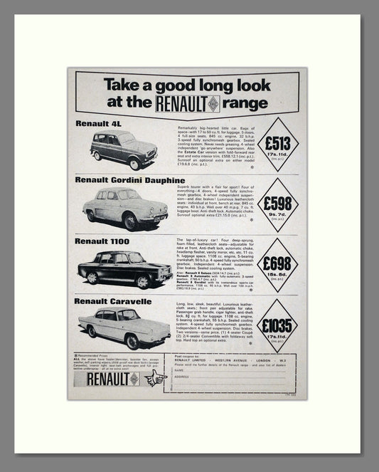 Renault - 4l / Gordini Dauphine / 1100 / Caravelle. Vintage Advert 1965 (ref AD64638)