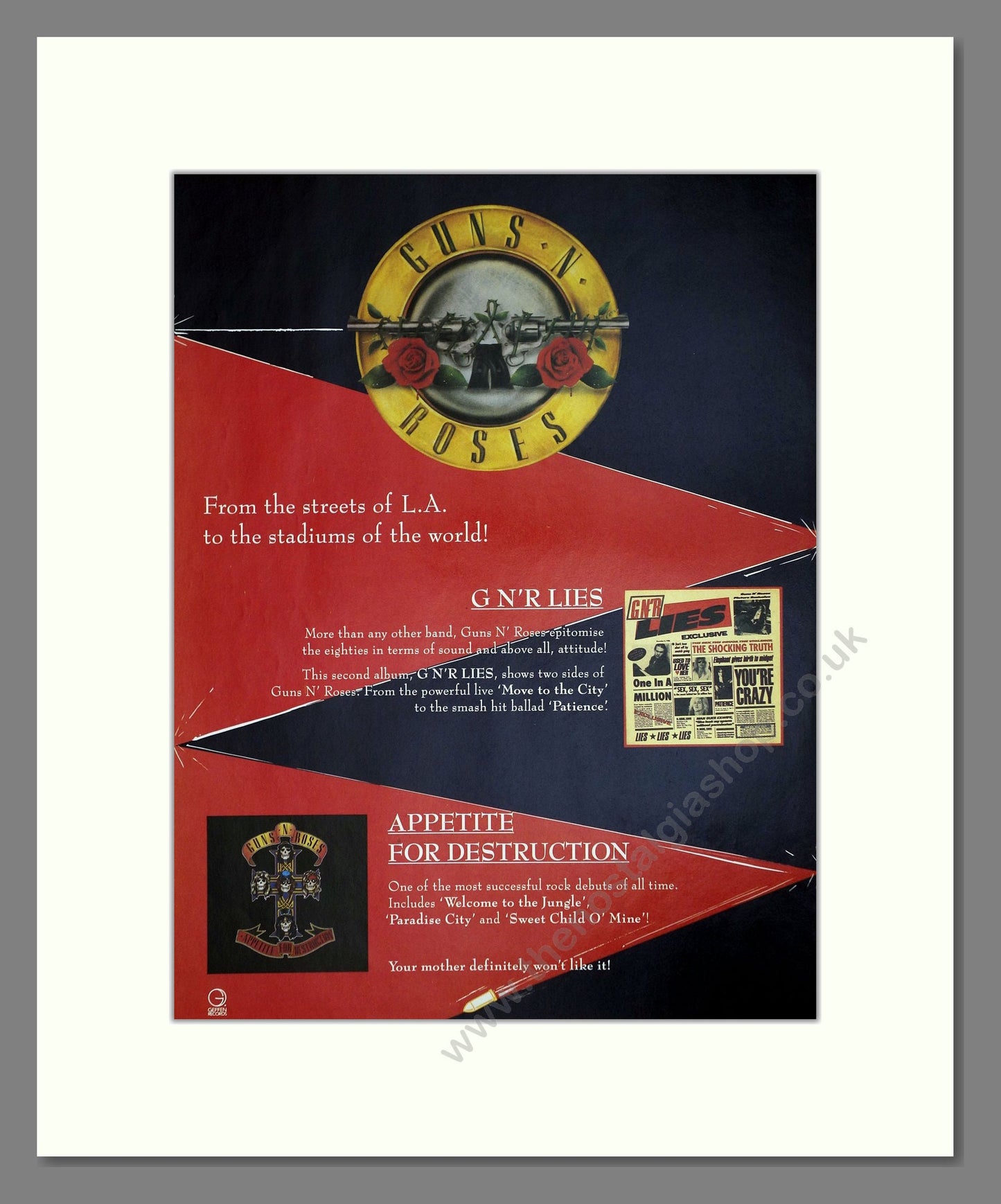 Guns n' Roses - Lies / Appetite For Destruction. Vintage Advert 1989 (ref AD64678)