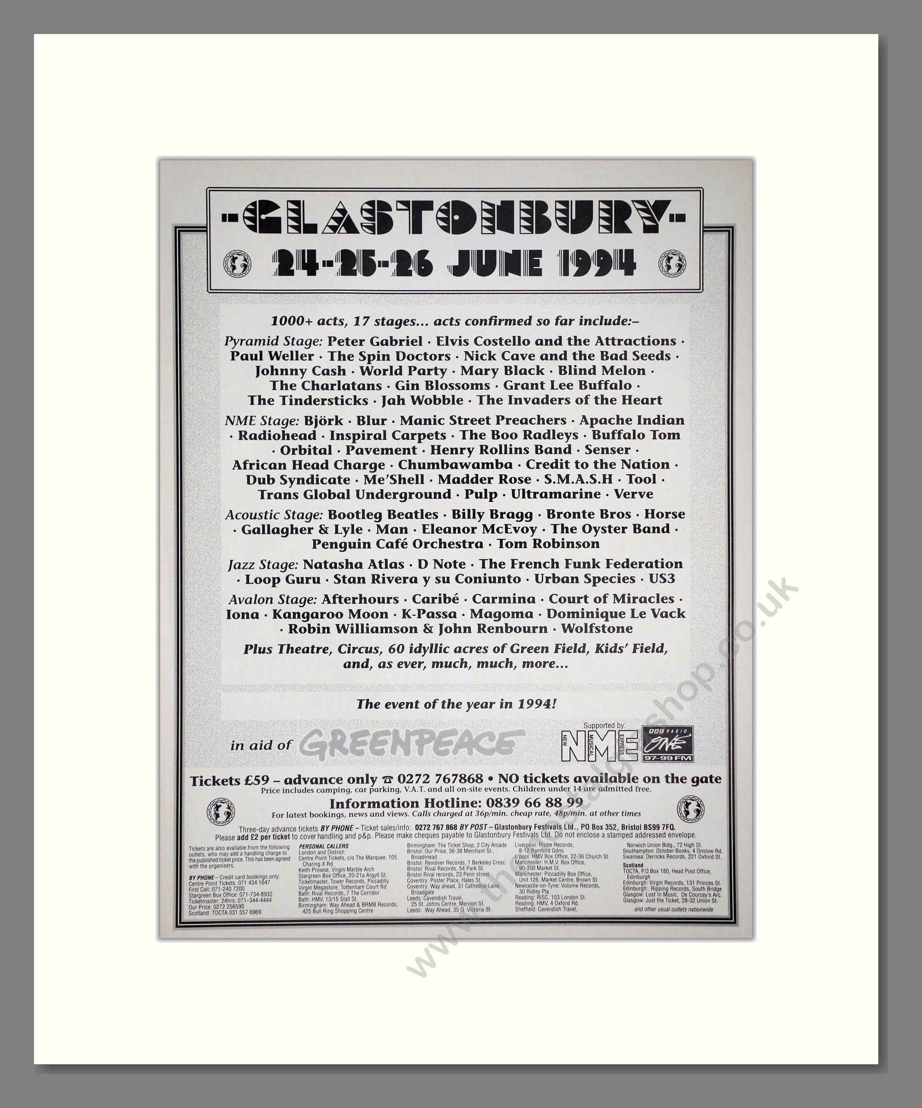 Glastonbury Festival - Line Up. Vintage Advert 1994 (ref AD64690)