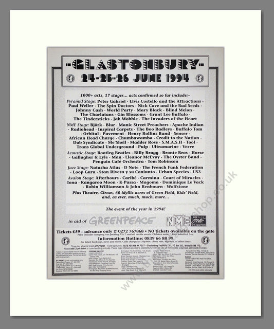 Glastonbury Festival - Line Up. Vintage Advert 1994 (ref AD64690)