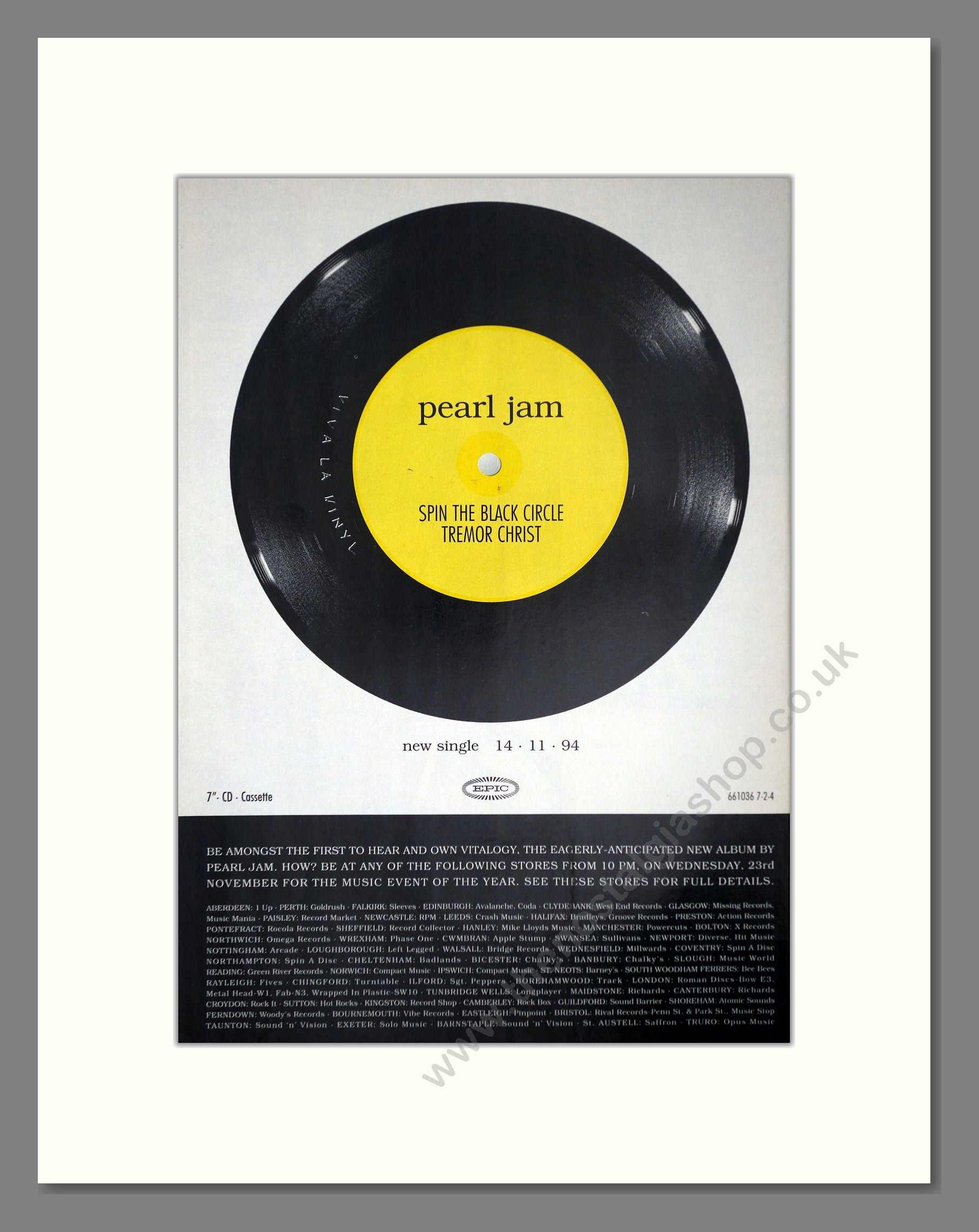 Pearl Jam - Spin The Black Circle / Tremor Christ. Vintage Advert 1994 (ref AD64749)
