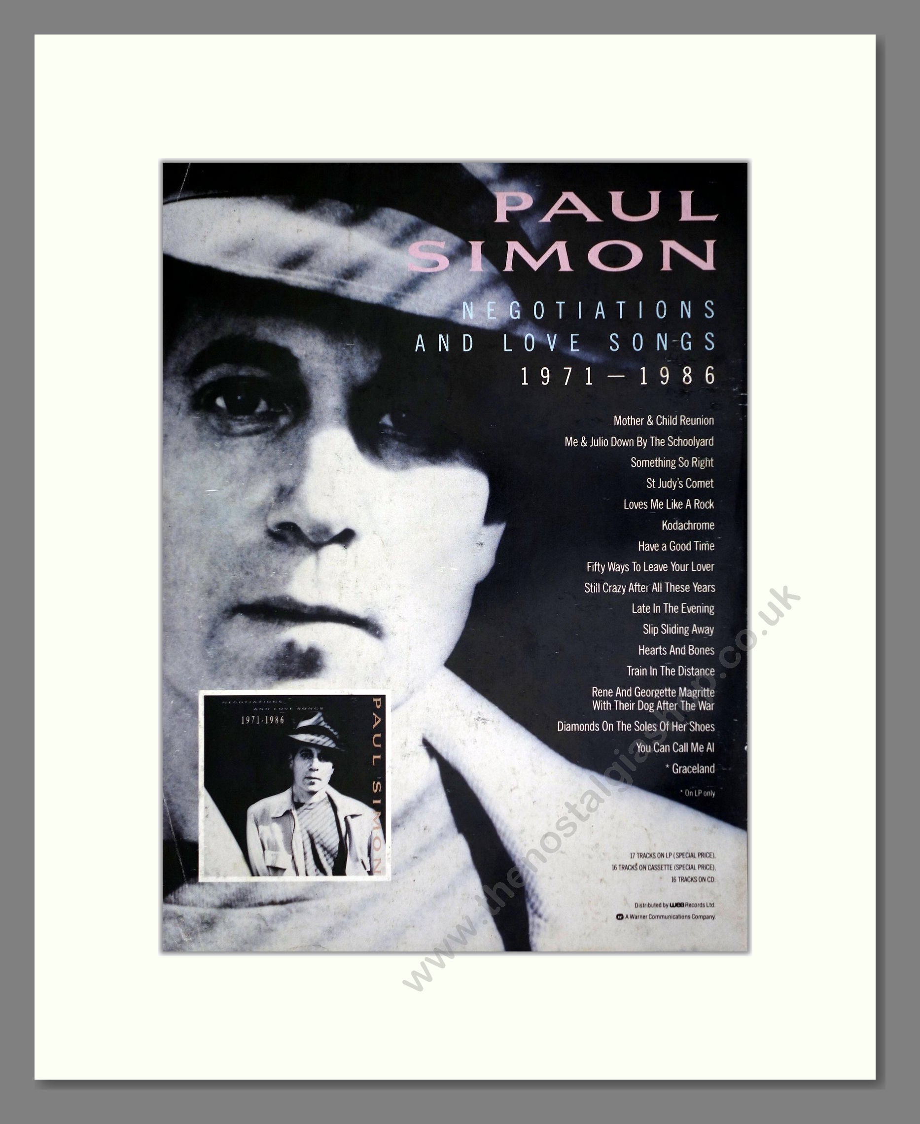 Paul Simon - Negotiations And Love Songs. Vintage Advert 1988 (ref AD64775)