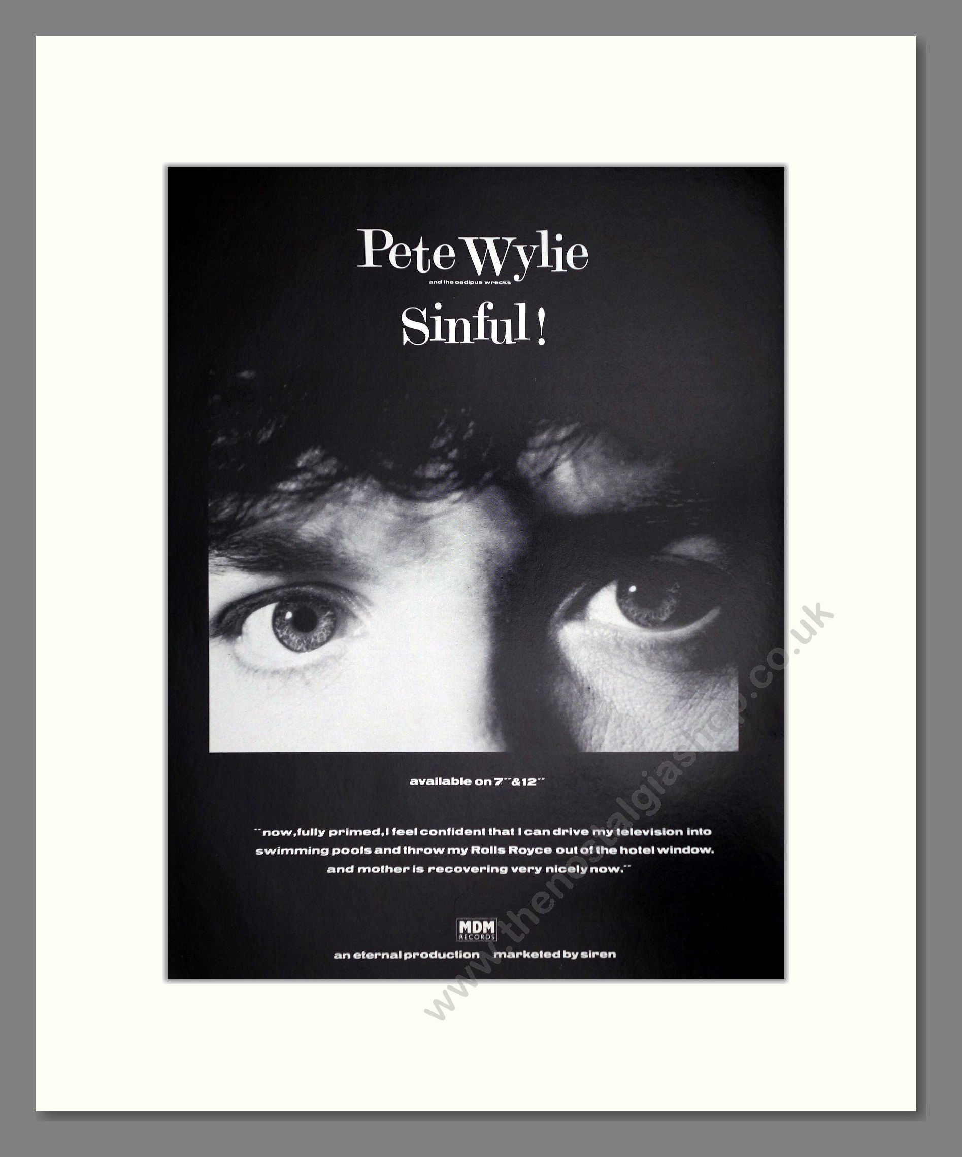 Pete Wylie - Sinful. Vintage Advert 1986 (ref AD64778)