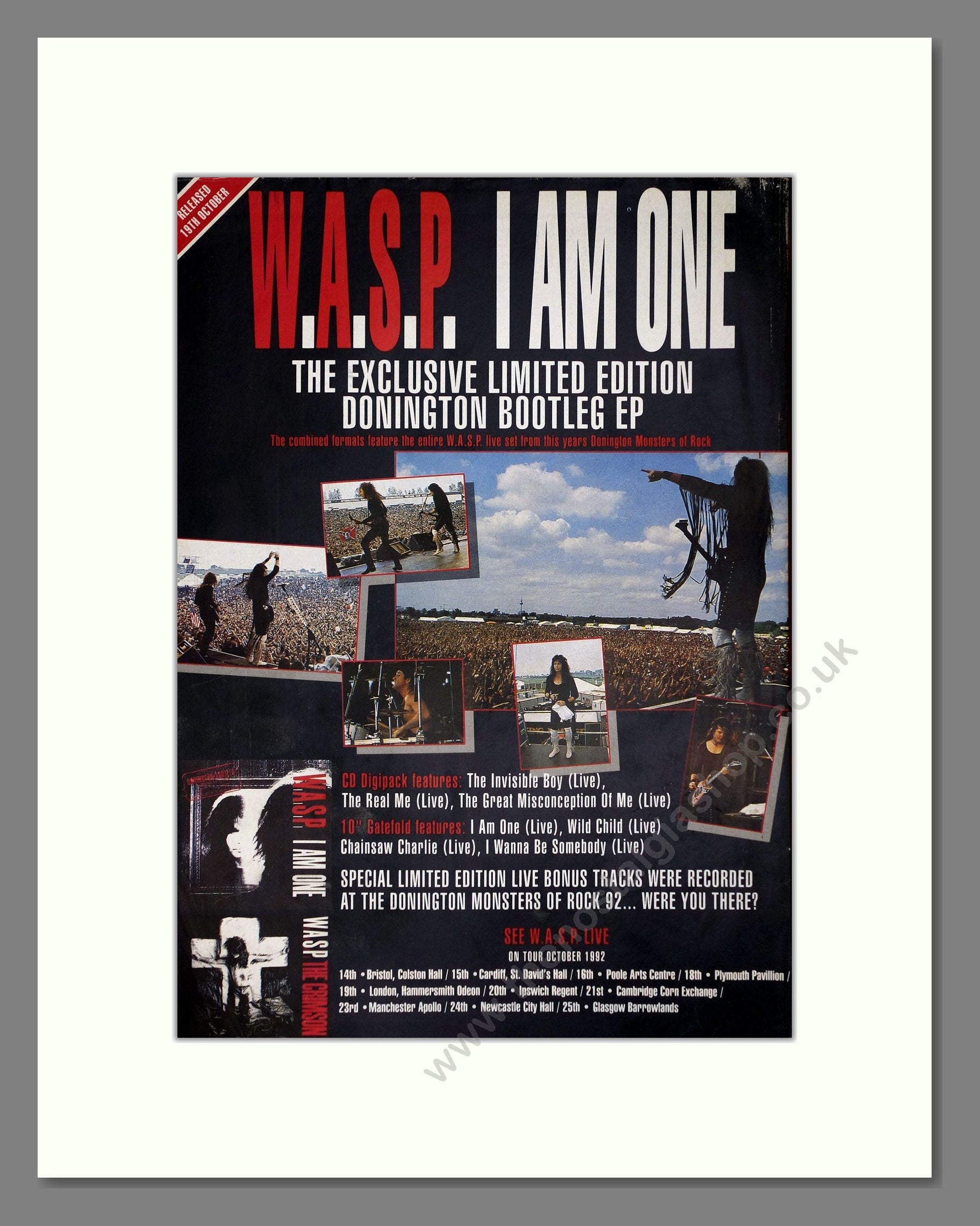 WASP - I Am One Donington Bootleg. Vintage Advert 1992 (ref AD64890)