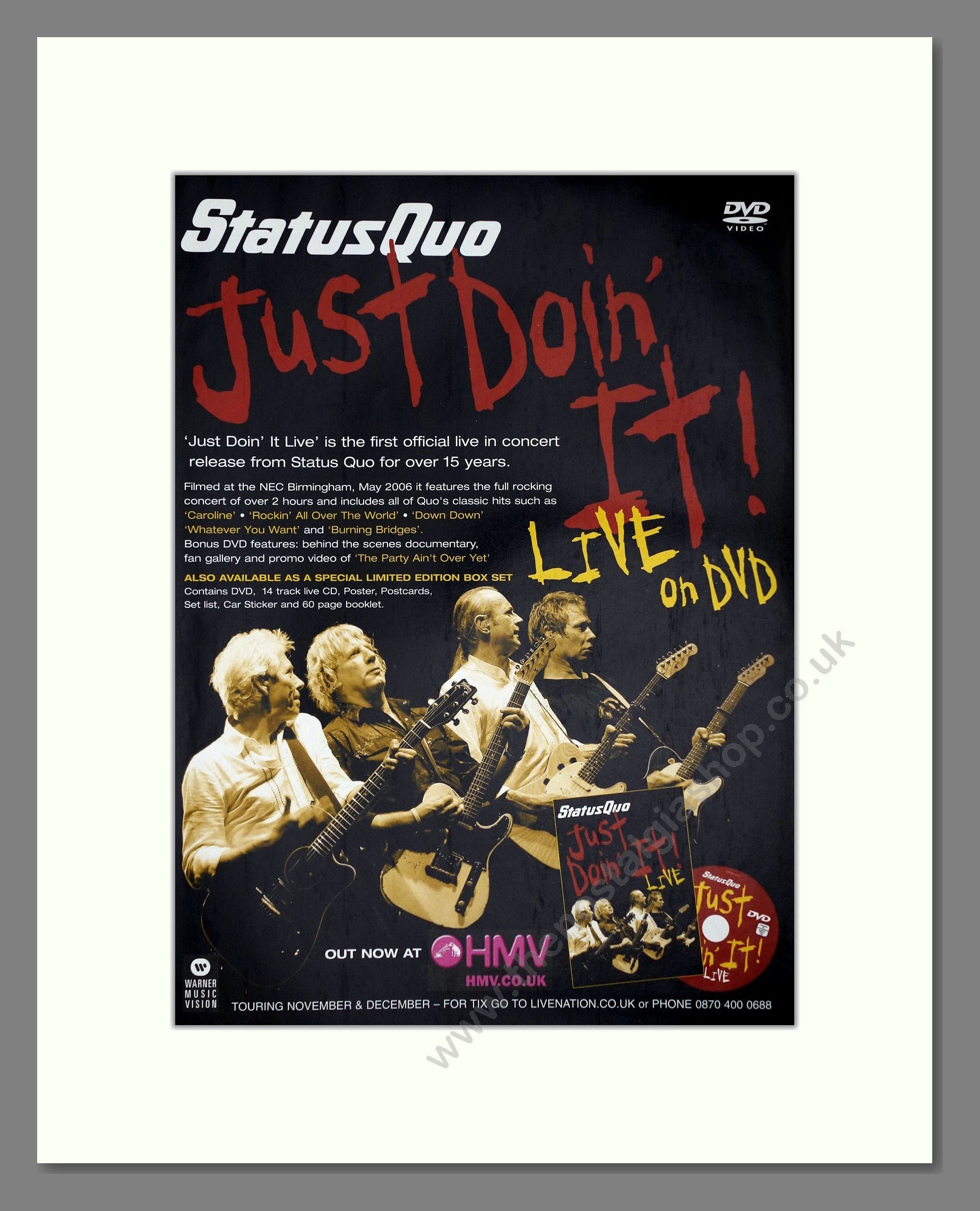 Status Quo - Just Doin It DVD. Vintage Advert 2006 (ref AD64909)