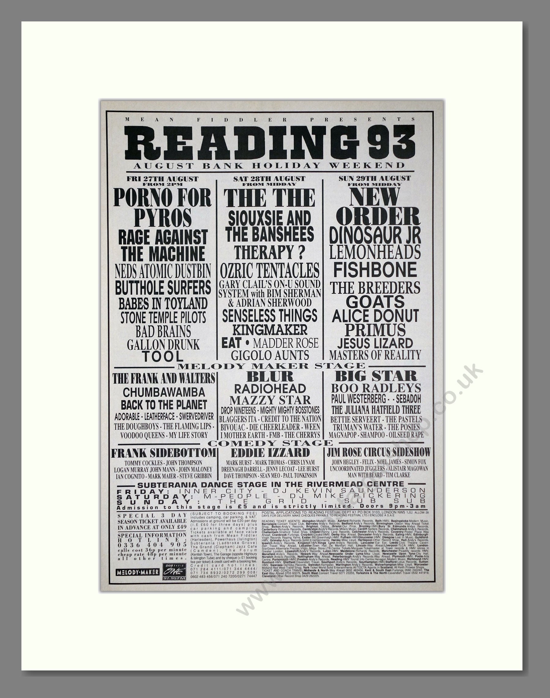 Reading Festival - Line Up. Vintage Advert 1993 (ref AD64970)