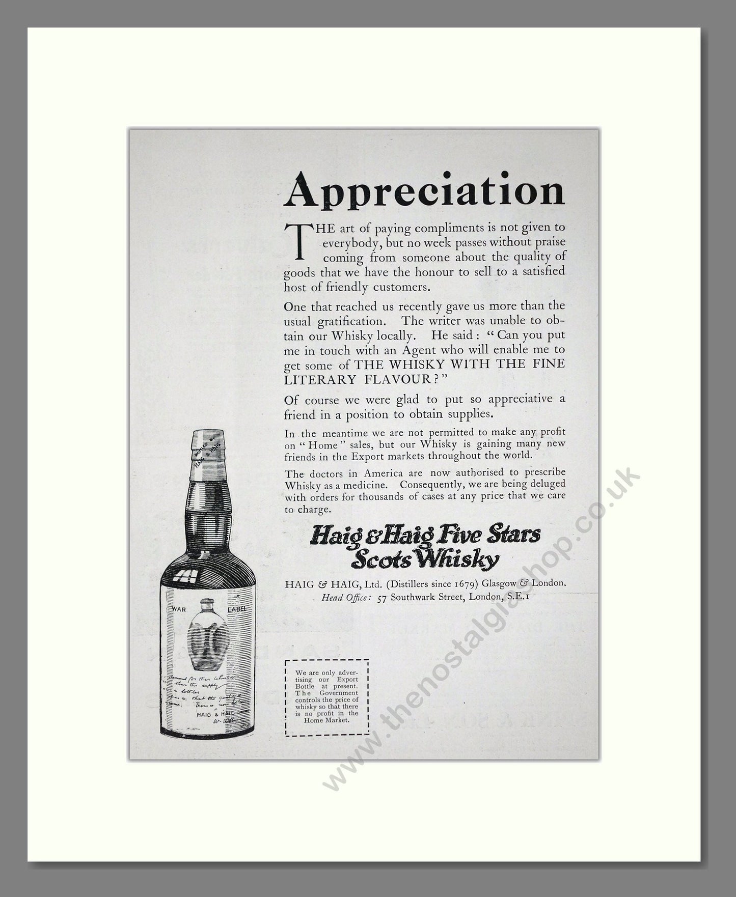 Haig And Haig - Five Stars Scots Whisky. Vintage Advert 1920 (ref AD64973)