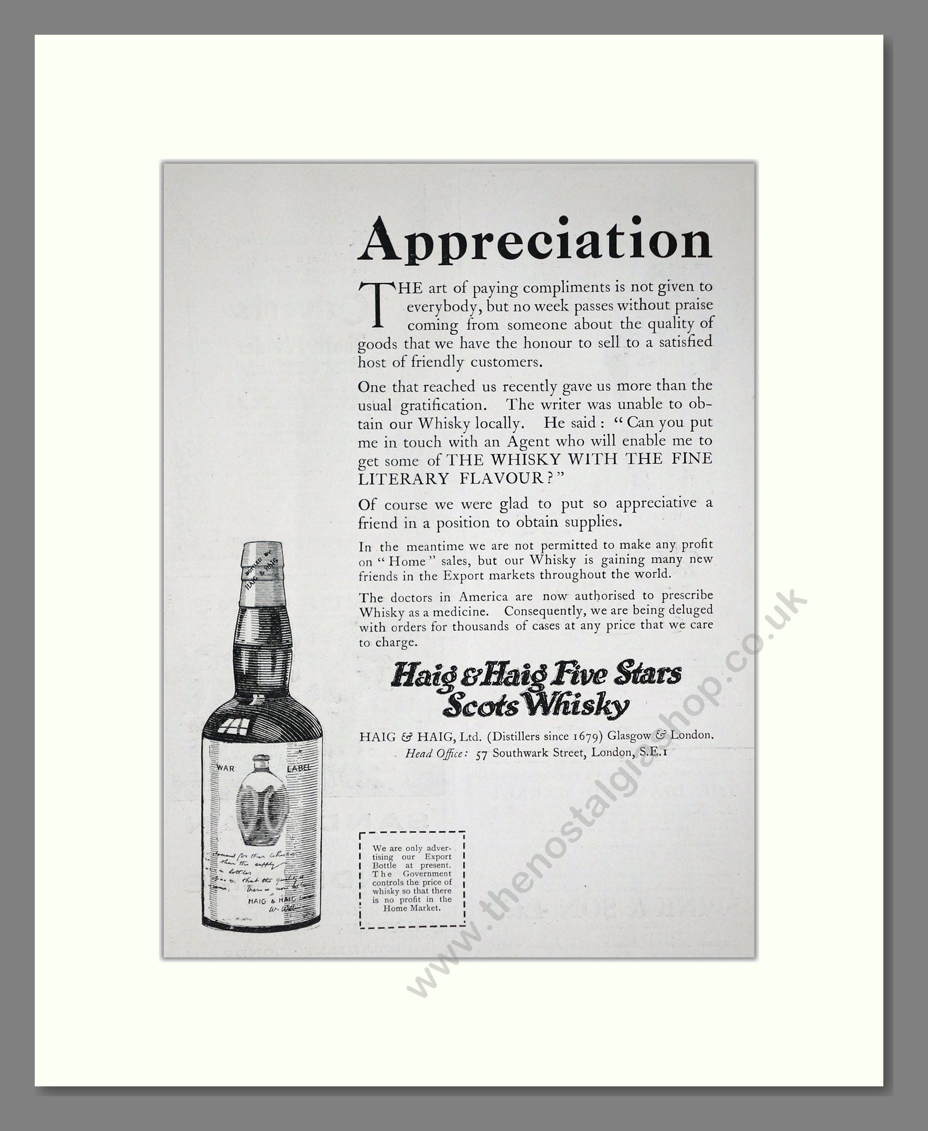 Haig And Haig - Five Stars Scots Whisky. Vintage Advert 1920 (ref AD64973)