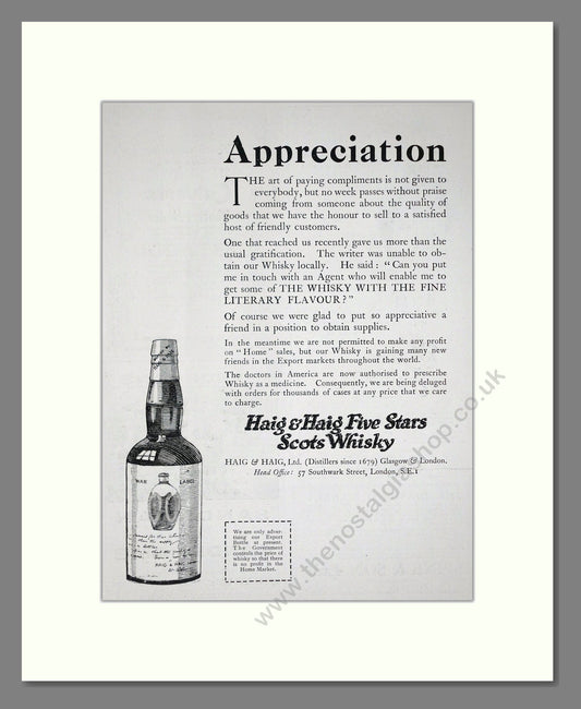 Haig And Haig - Five Stars Scots Whisky. Vintage Advert 1920 (ref AD64973)
