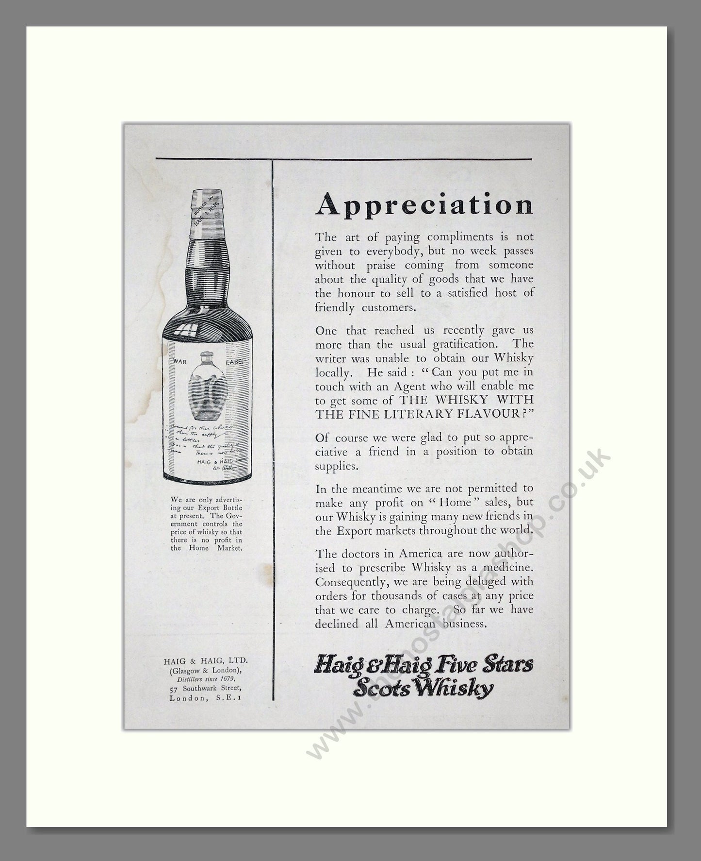 Haig And Haig - Five Stars Scots Whisky. Vintage Advert 1920 (ref AD64974)
