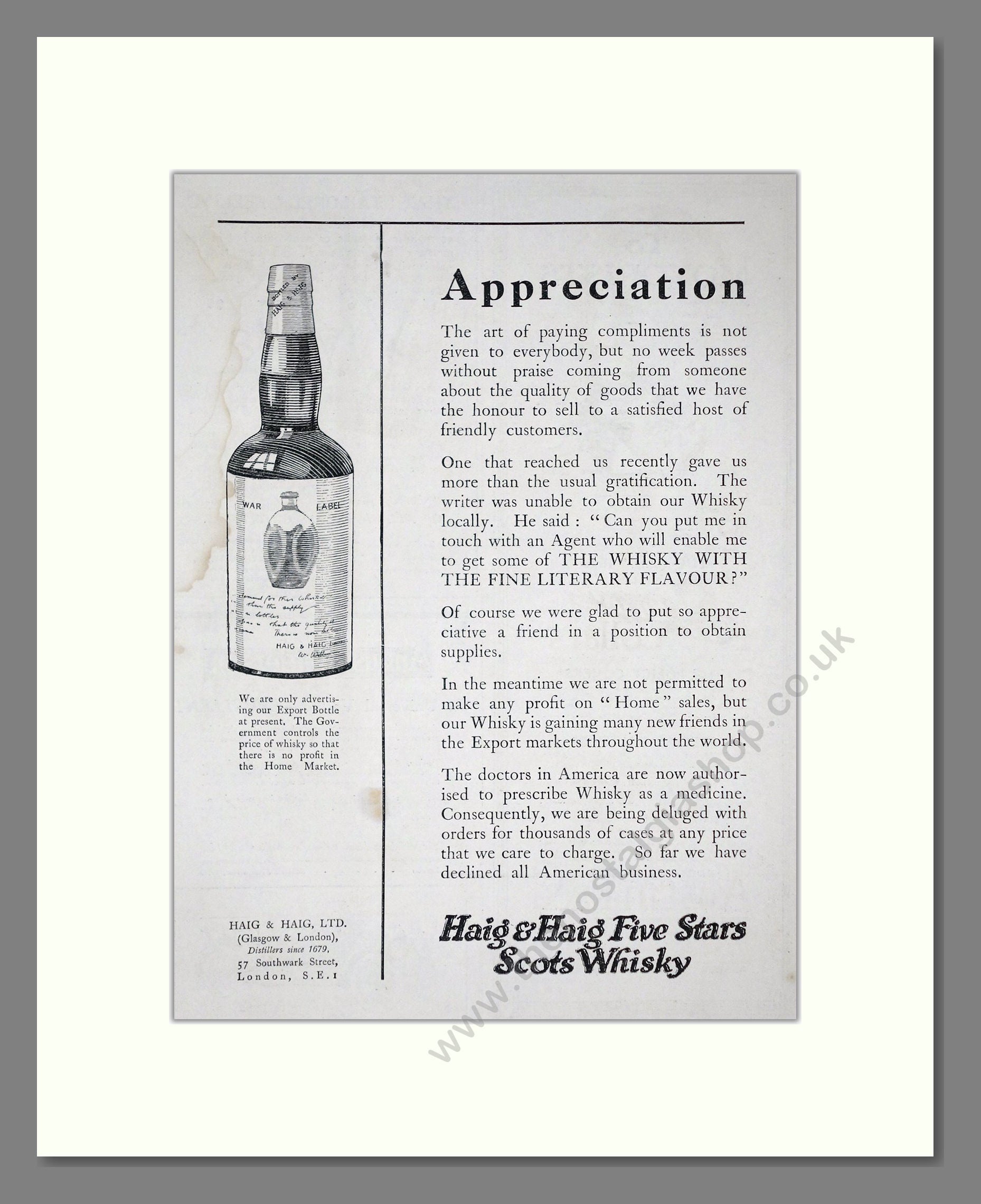 Haig And Haig - Five Stars Scots Whisky. Vintage Advert 1920 (ref AD64974)