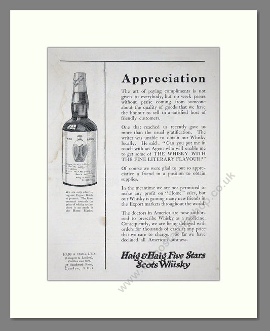 Haig And Haig - Five Stars Scots Whisky. Vintage Advert 1920 (ref AD64974)