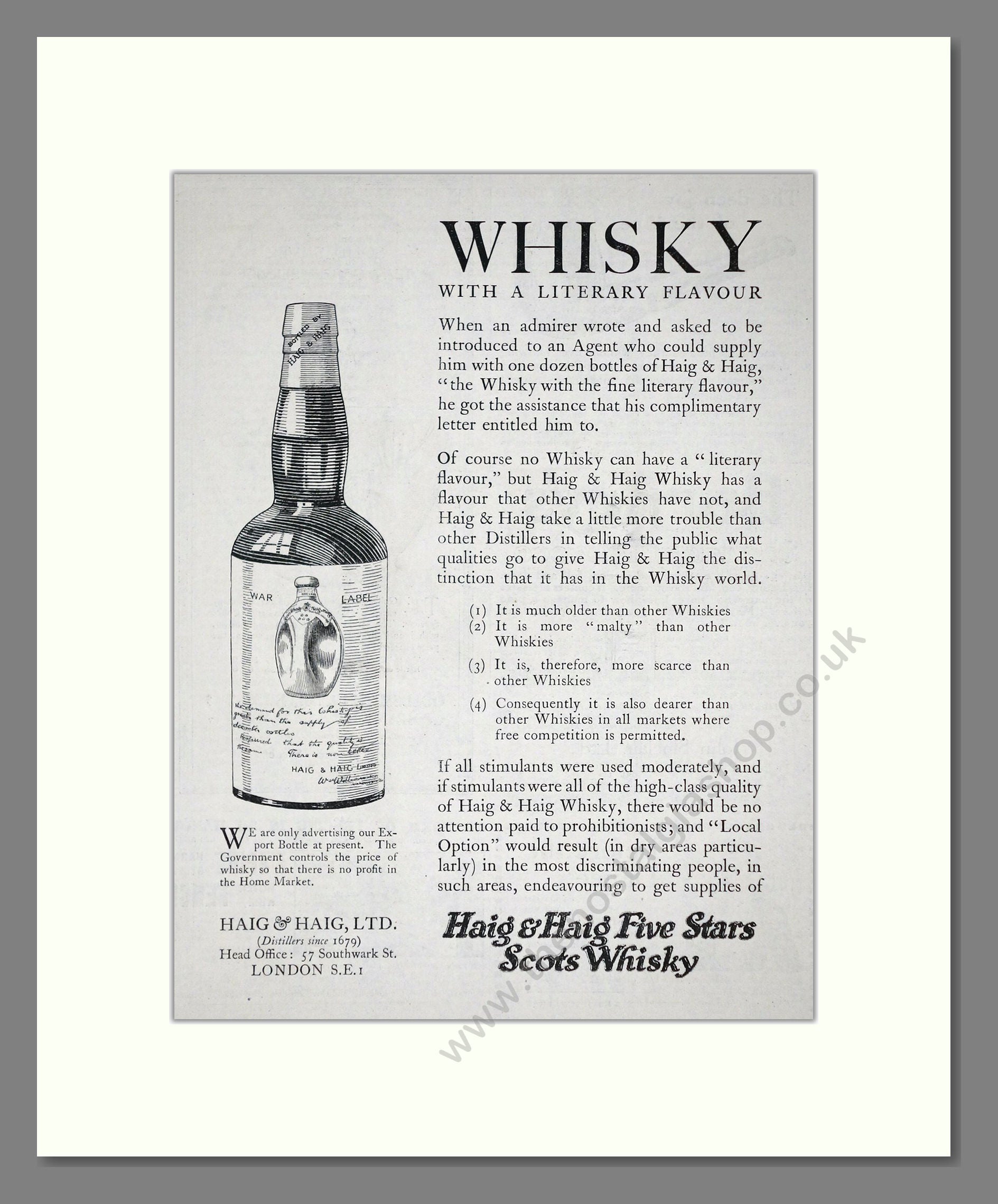 Haig And Haig - Five Stars Scots Whisky. Vintage Advert 1920 (ref AD64976)