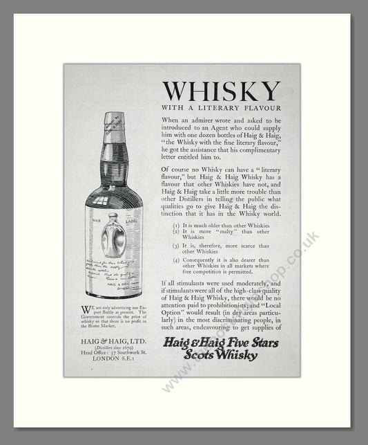 Haig And Haig - Five Stars Scots Whisky. Vintage Advert 1920 (ref AD64976)