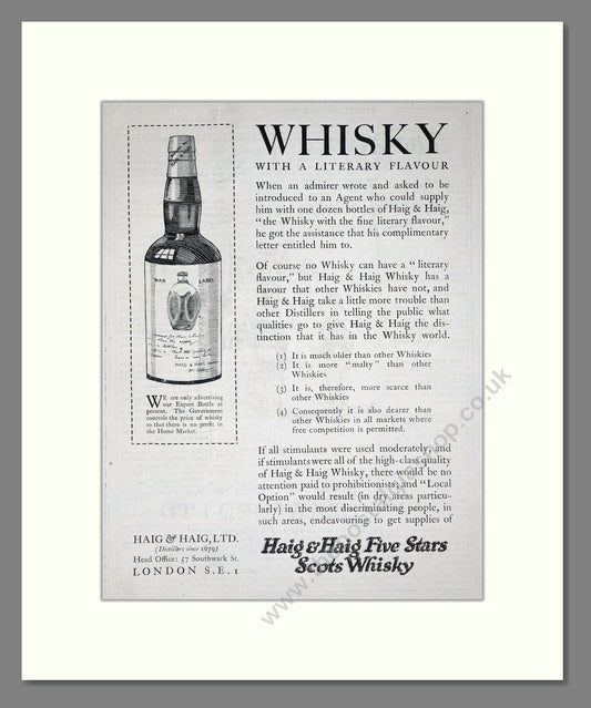 Haig And Haig - Five Stars Scots Whisky. Vintage Advert 1920 (ref AD64977)