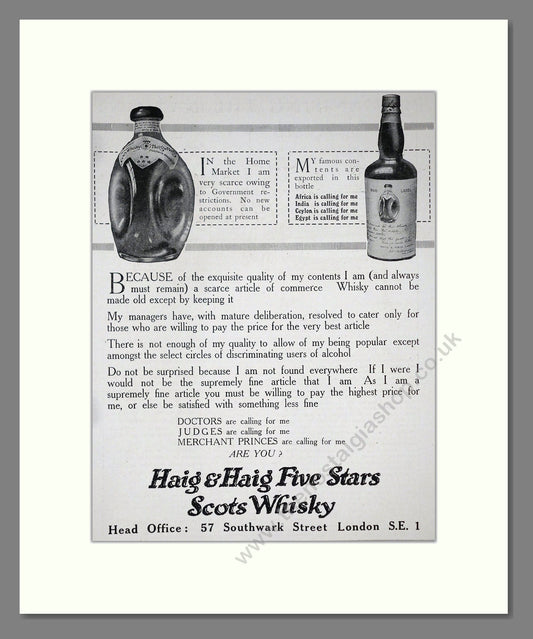 Haig And Haig - Five Stars Scots Whisky. Vintage Advert 1919 (ref AD64980)