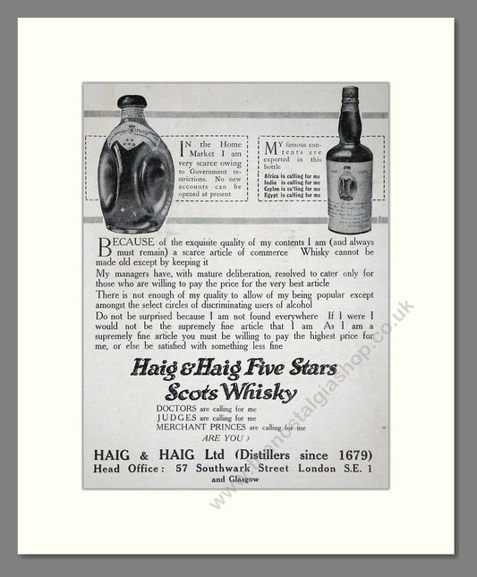 Haig And Haig - Five Stars Scots Whisky. Vintage Advert 1919 (ref AD64981)