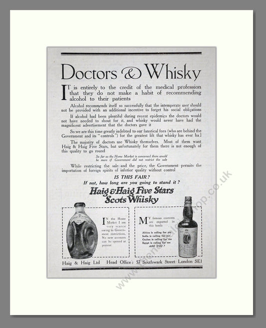 Haig And Haig - Five Stars Scots Whisky. Vintage Advert 1919 (ref AD64982)