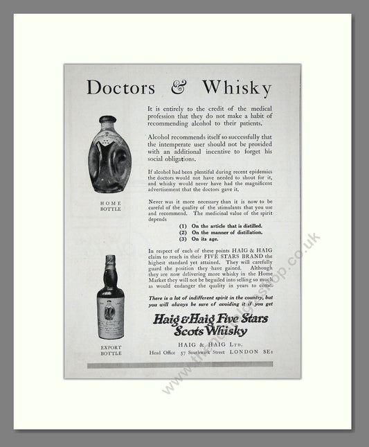 Haig And Haig - Five Stars Scots Whisky. Vintage Advert 1920 (ref AD64983)
