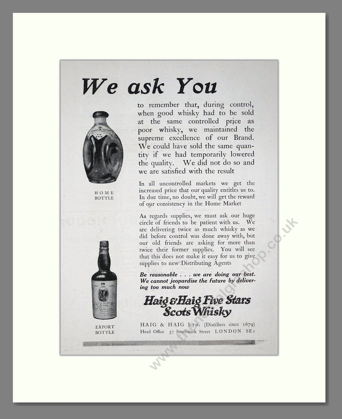 Haig And Haig - Five Stars Scots Whisky. Vintage Advert 1920 (ref AD64984)