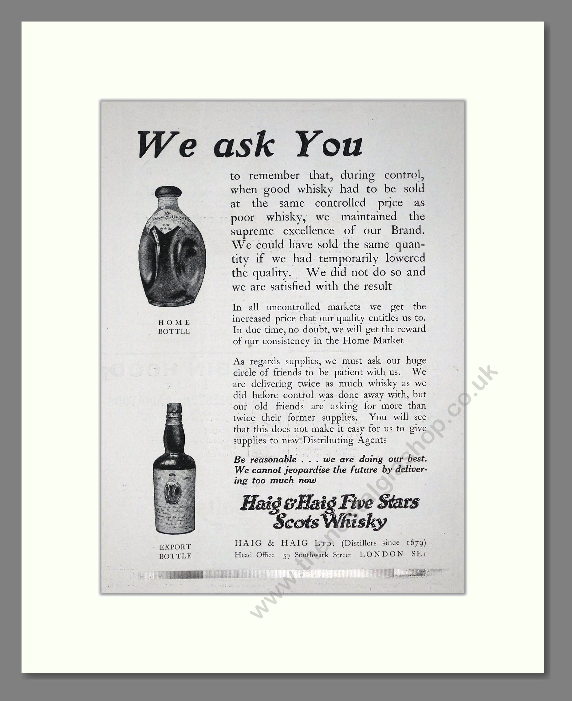 Haig And Haig - Five Stars Scots Whisky. Vintage Advert 1920 (ref AD64984)