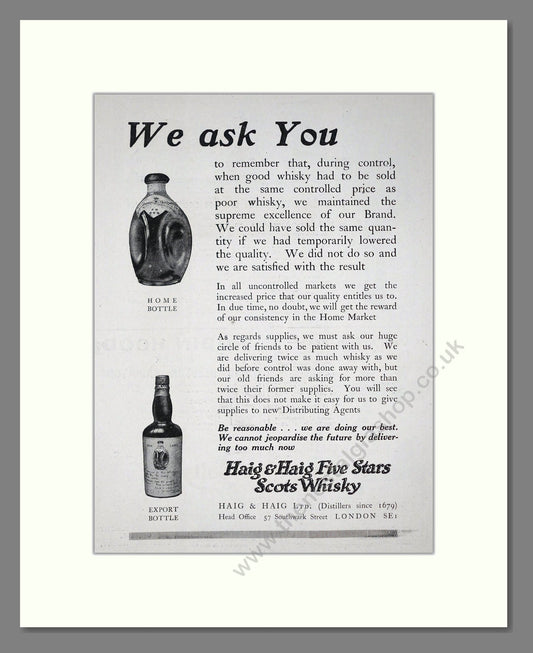 Haig And Haig - Five Stars Scots Whisky. Vintage Advert 1920 (ref AD64984)