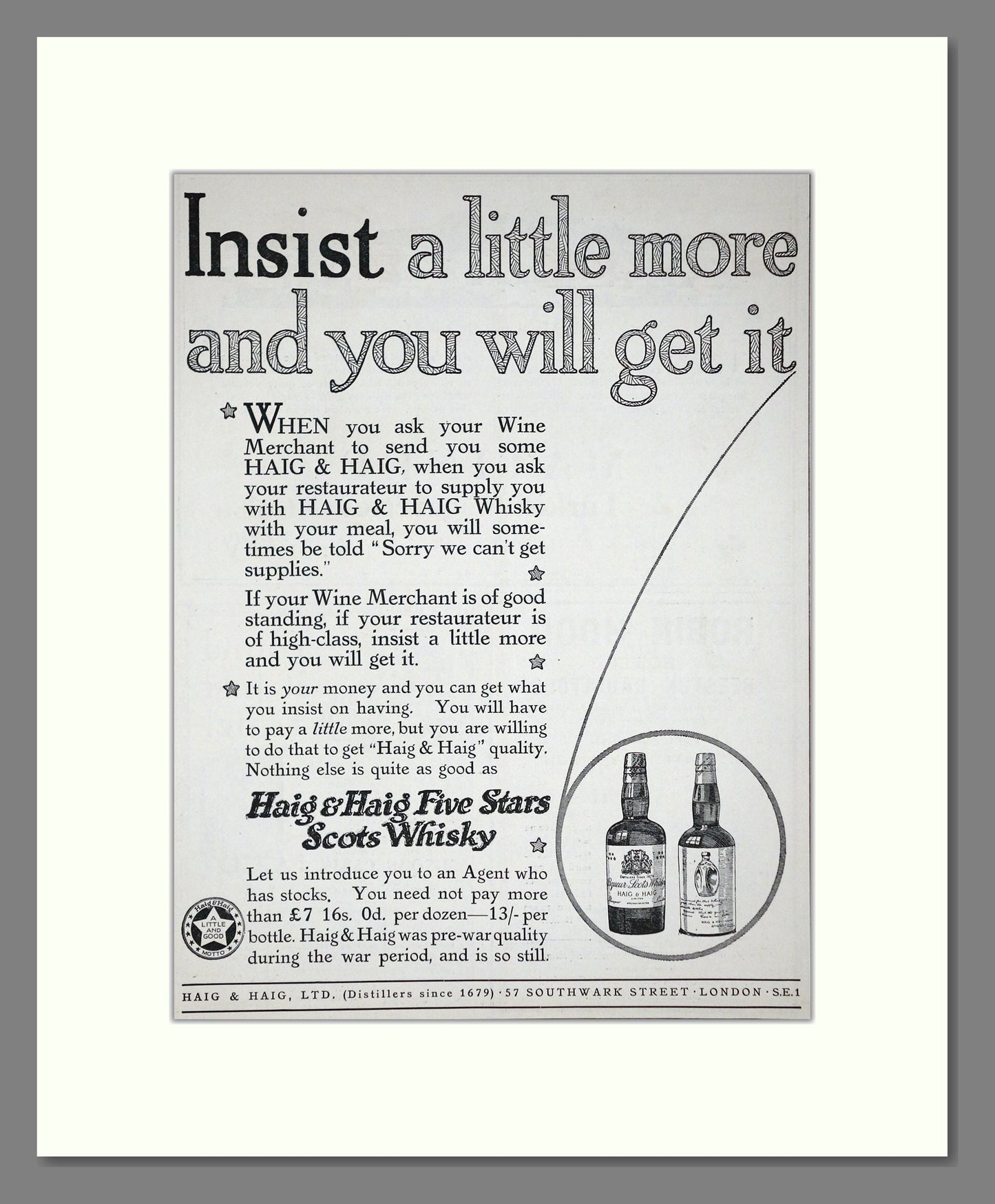 Haig And Haig - Five Stars Scots Whisky. Vintage Advert 1921 (ref AD64988)